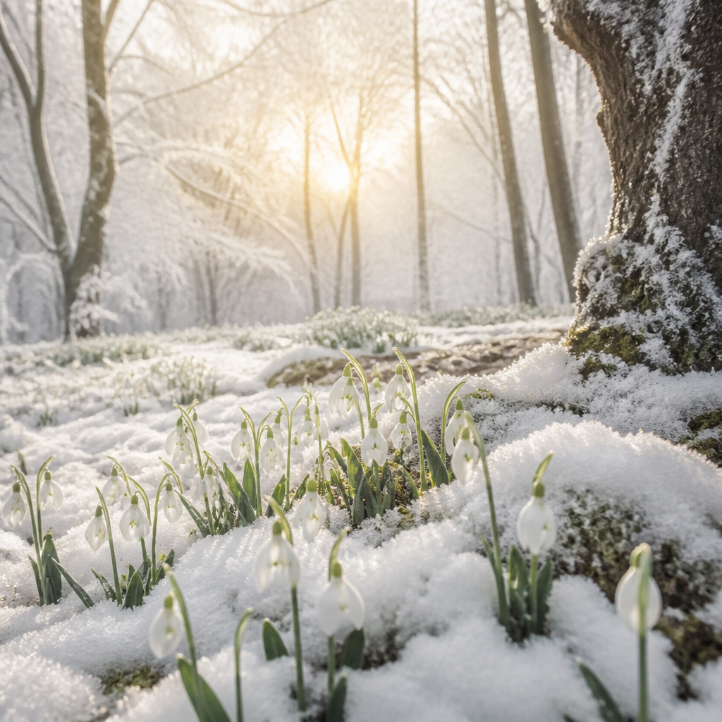 Paisaje de invierno con las primeras flores de primavera